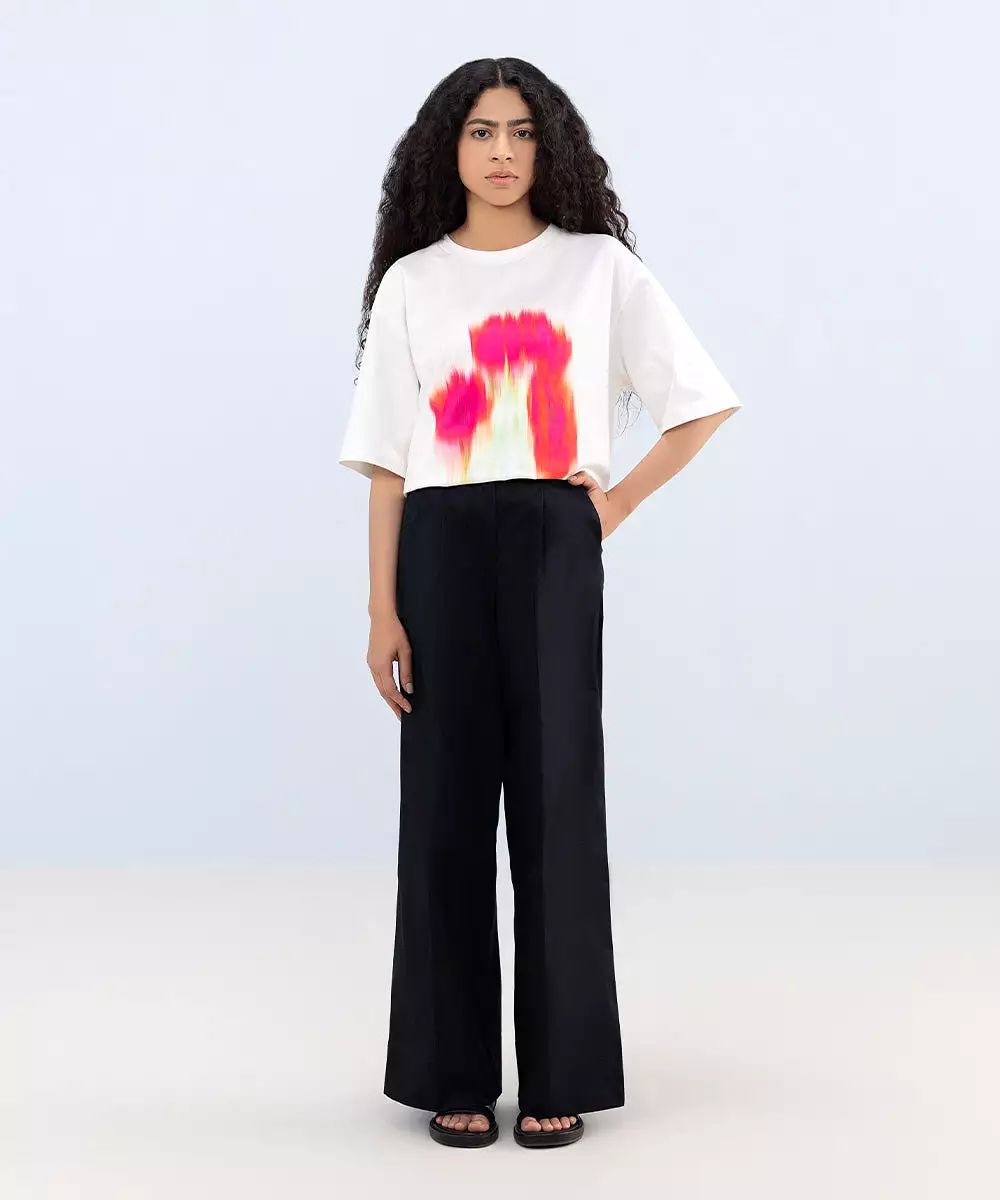 Stretched Cotton Wide Leg Trousers