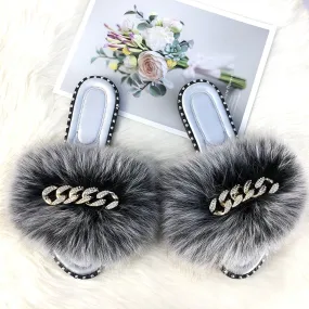 Summer Black Frost Fluffy Fur Flip Flop Flat House Slippers for Women