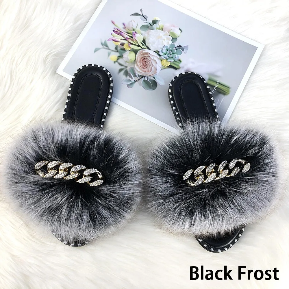 Summer Black Frost Fluffy Fur Flip Flop Flat House Slippers for Women