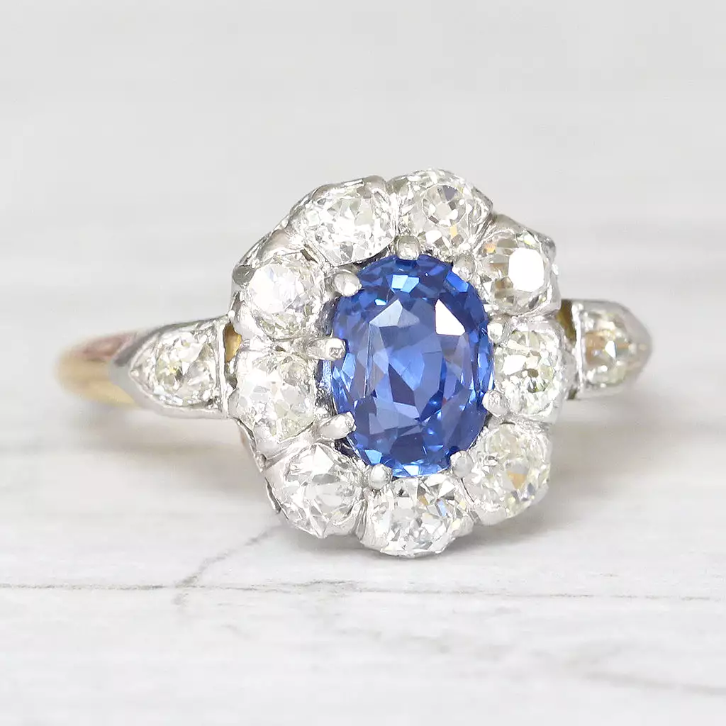 Victorian 1.79 Carat Ceylon Sapphire and Old Cut Diamond Cluster