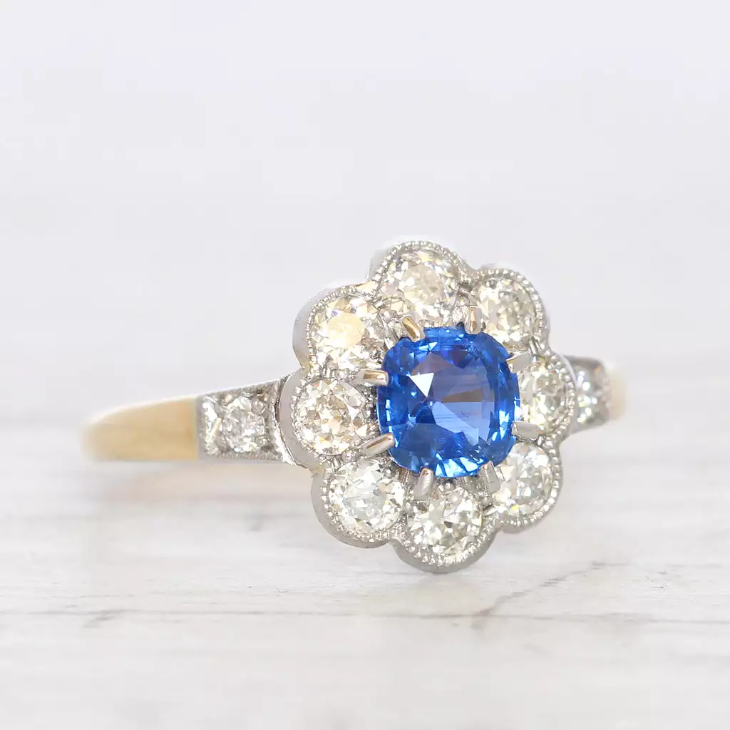 Victorian Style 0.85 Carat Sapphire and Old Cut Diamond Cluster