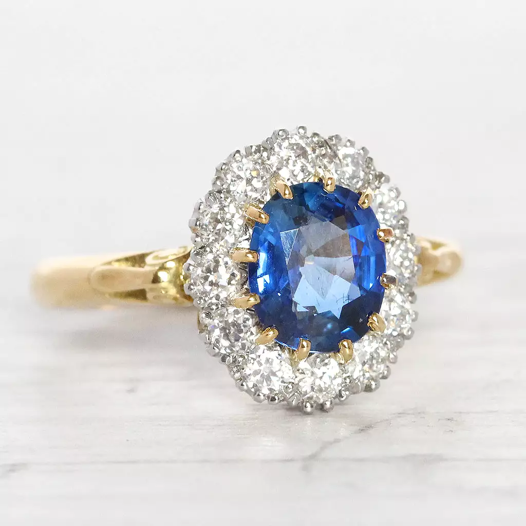 Victorian Style 1.37 Carat Sapphire and Old Cut Diamond Cluster