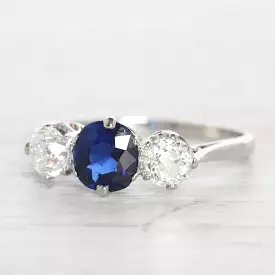 Vintage 0.95 Carat Sapphire and Old Cut Diamond Three Stone