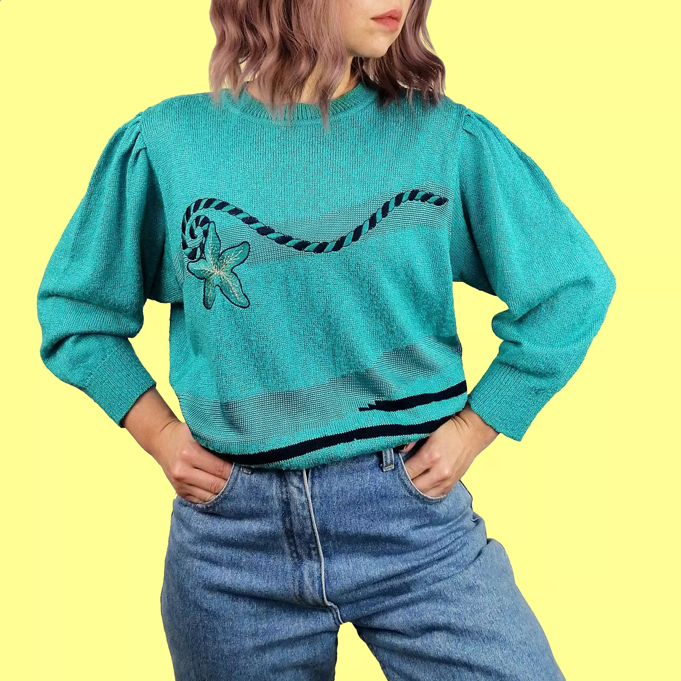 Vintage 80's Embroidery Knit Turquoise Retro Sweater