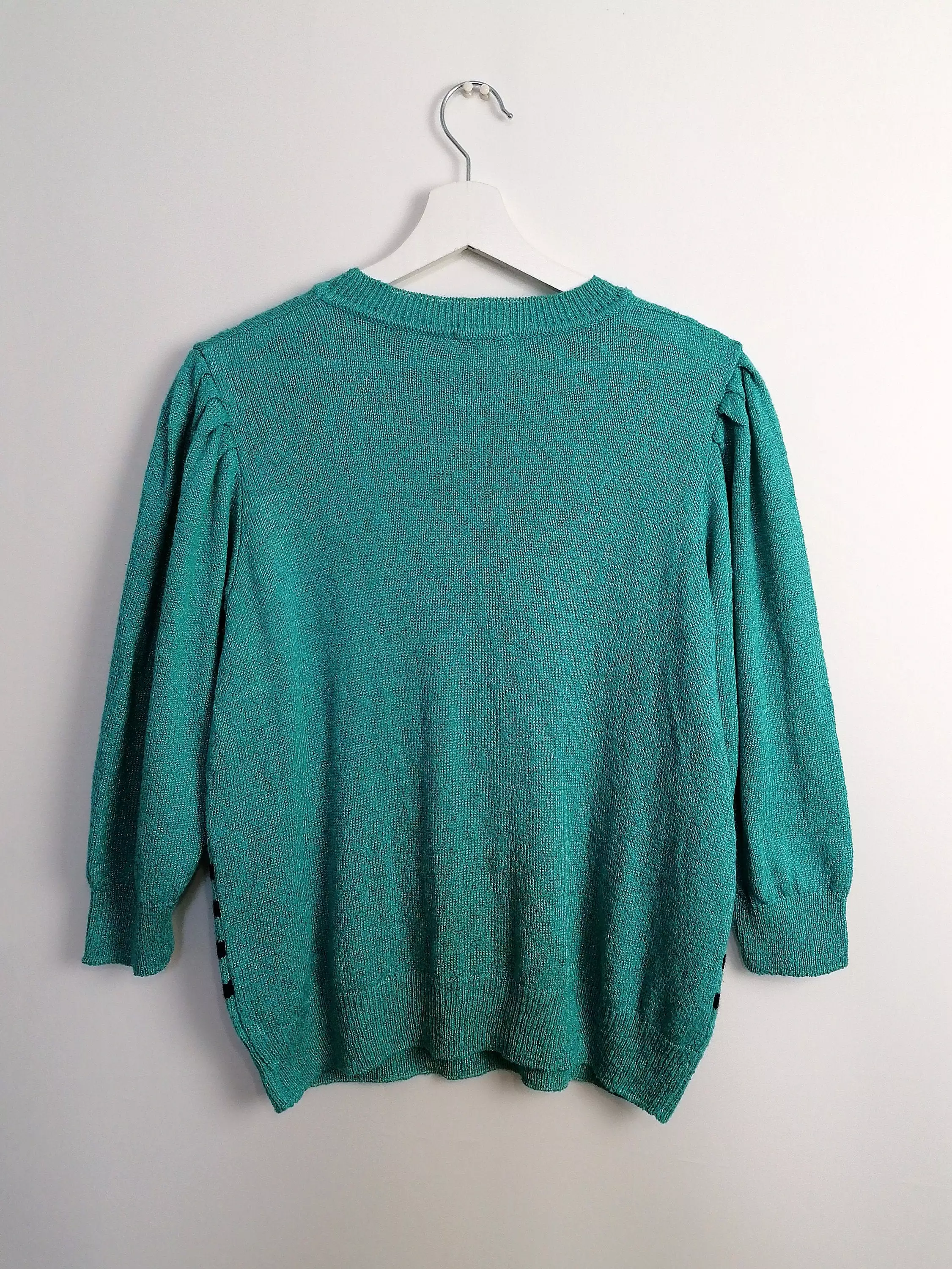 Vintage 80's Embroidery Knit Turquoise Retro Sweater