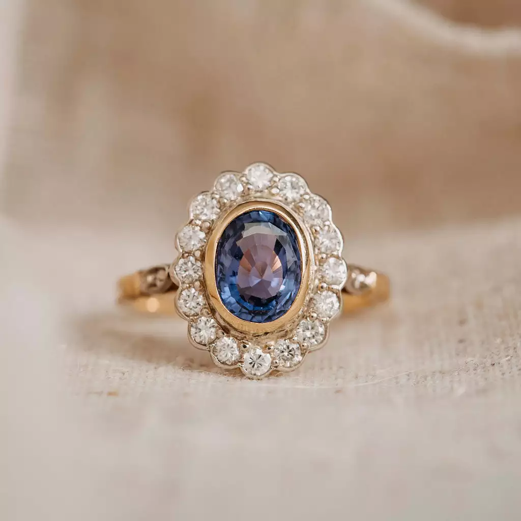 Vintage Ceylon Sapphire and Diamond Oval Cluster Ring