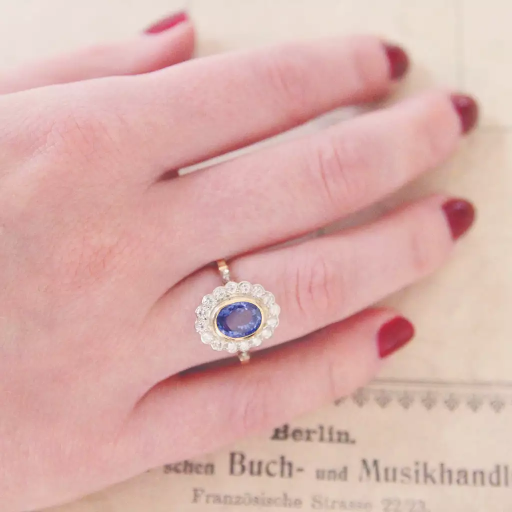 Vintage Ceylon Sapphire and Diamond Oval Cluster Ring