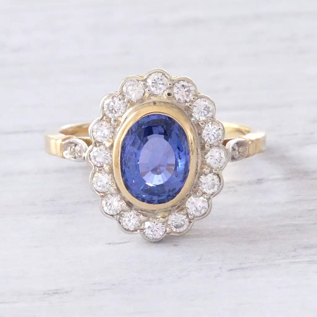 Vintage Ceylon Sapphire and Diamond Oval Cluster Ring