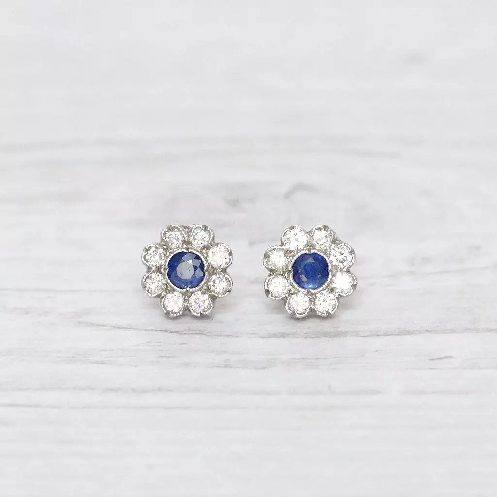 Vintage Sapphire and Diamond Cluster Studs