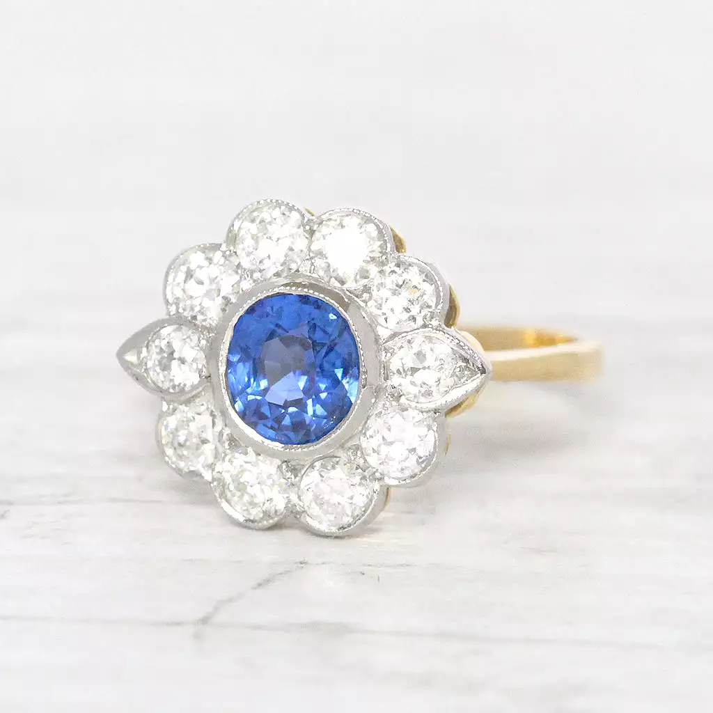 Vintage Style 1.10 Carat Sapphire and Old Cut Diamond Cluster