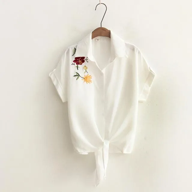 Women's Casual Short Sleeve Embroidery White Sexy Kimono Loose Top