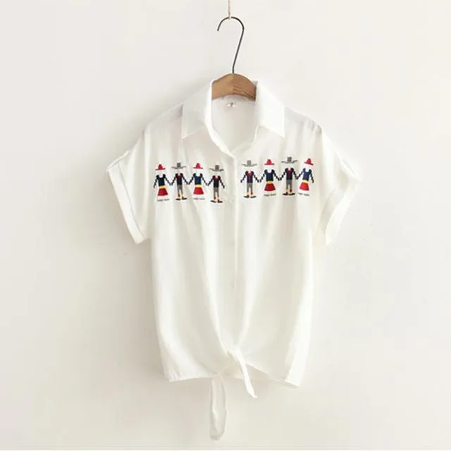 Women's Casual Short Sleeve Embroidery White Sexy Kimono Loose Top