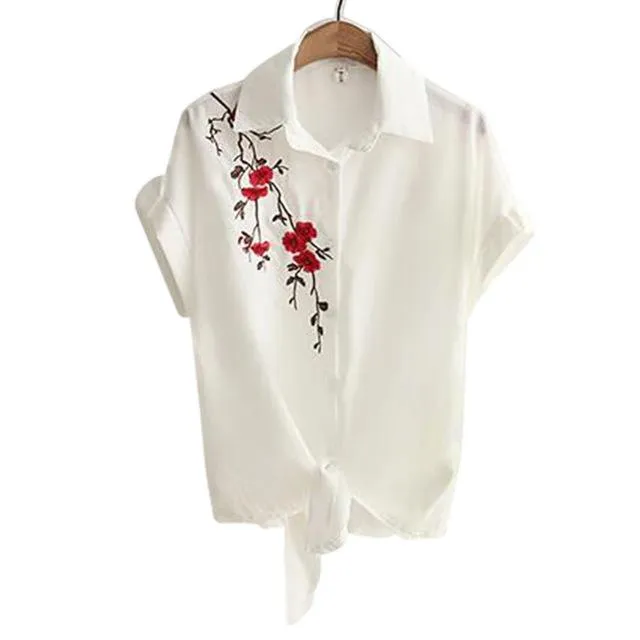 Women's Casual Short Sleeve Embroidery White Sexy Kimono Loose Top