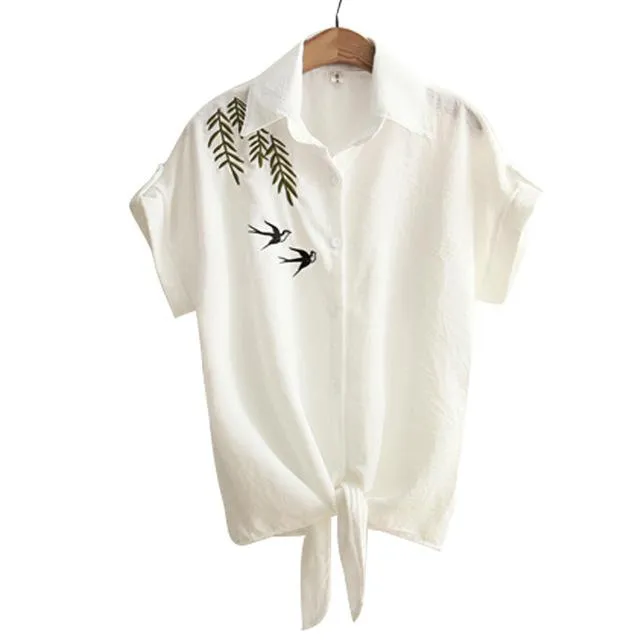 Women's Casual Short Sleeve Embroidery White Sexy Kimono Loose Top