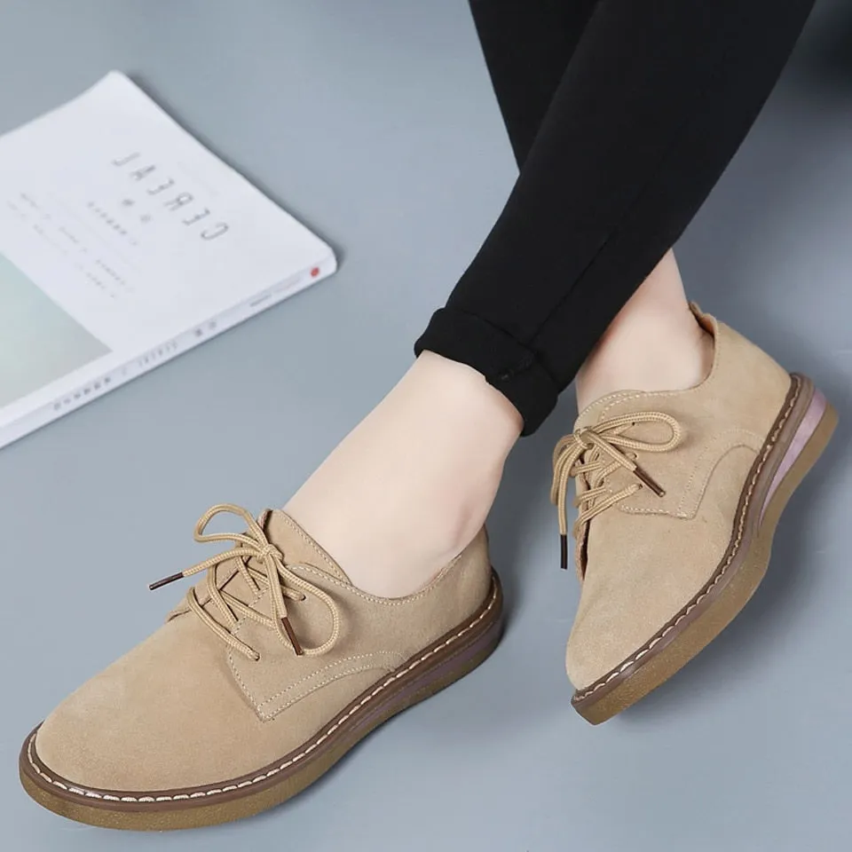 Women's Genuine Suede Leather Casual Round Toe Lace Up Flat Shoes