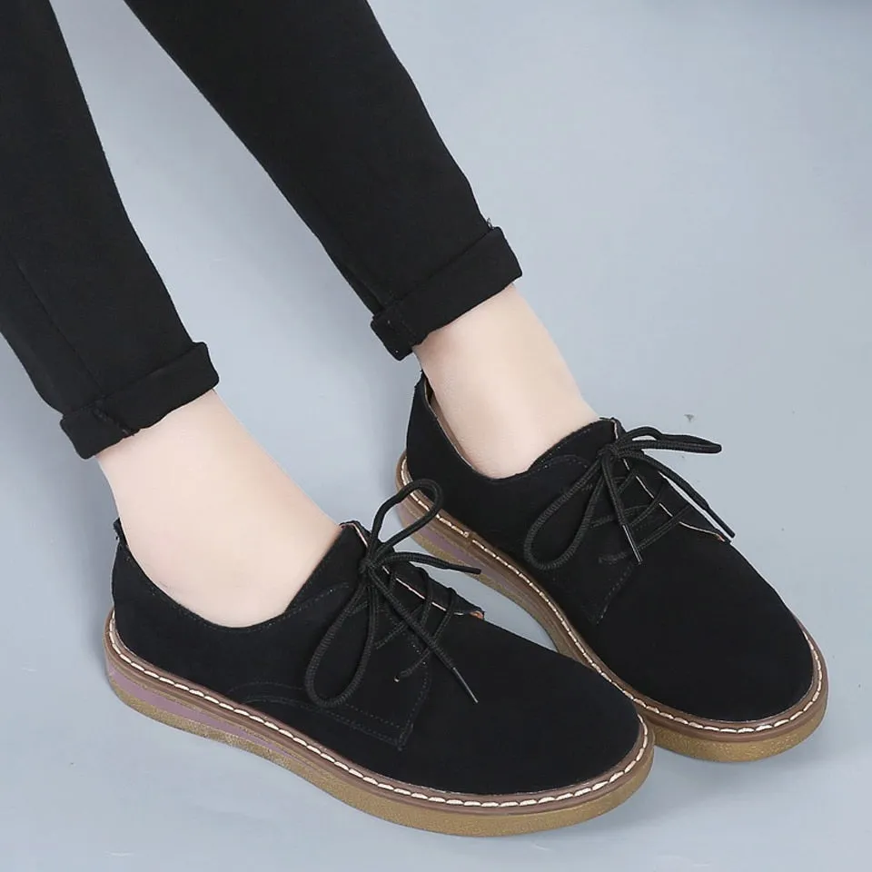 Women's Genuine Suede Leather Casual Round Toe Lace Up Flat Shoes