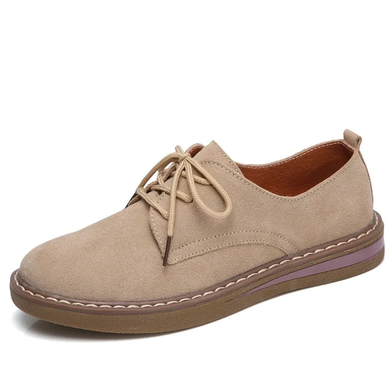 Women's Genuine Suede Leather Casual Round Toe Lace Up Flat Shoes