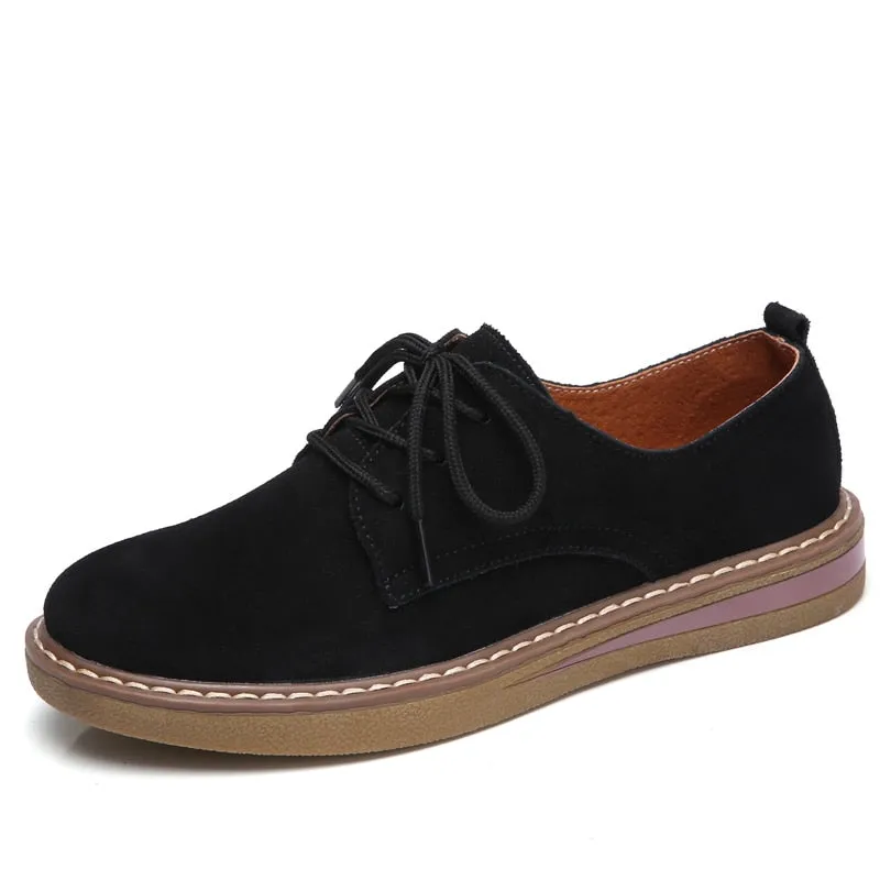 Women's Genuine Suede Leather Casual Round Toe Lace Up Flat Shoes