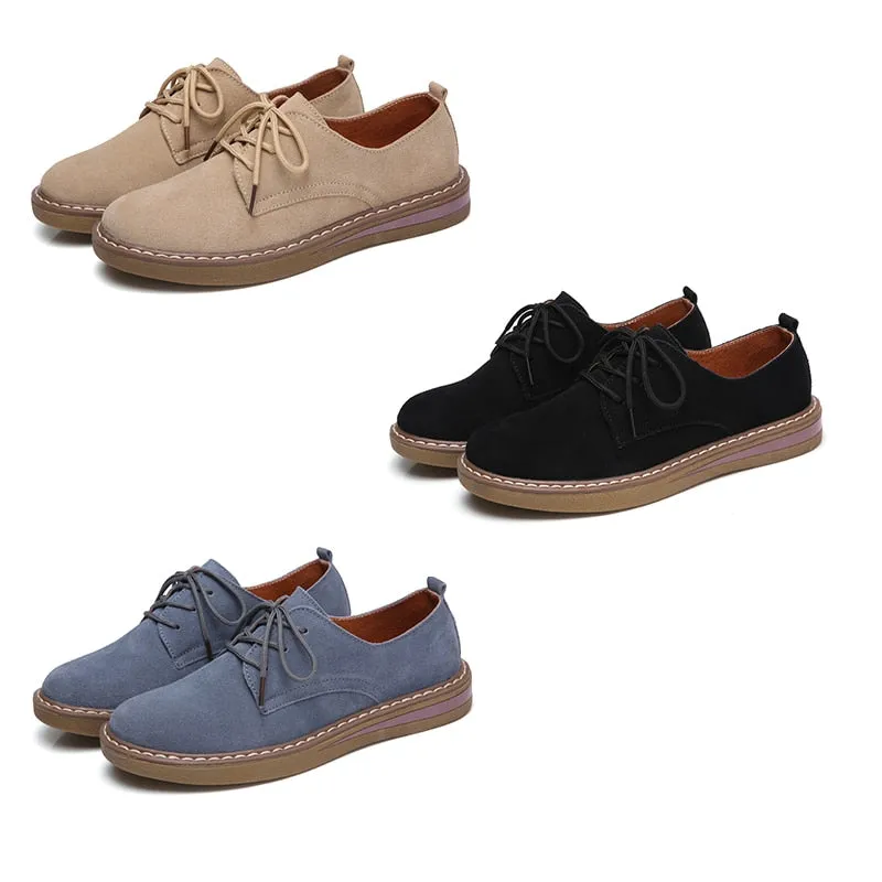 Women's Genuine Suede Leather Casual Round Toe Lace Up Flat Shoes