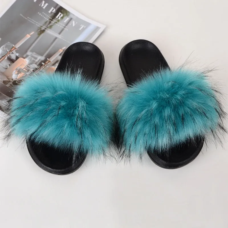 Women's Lake Blue Summer Synthetic Fur Fluffy Furry Slides Home Slippers