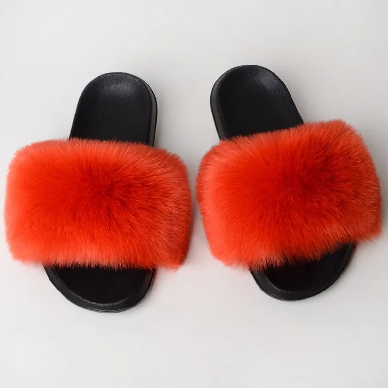 Women's Summer Orange PatchWork Synthetic Fur Slides House Slippers