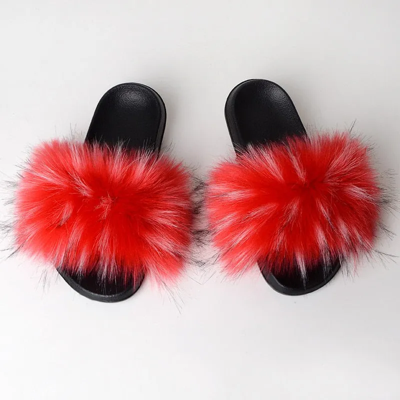 Women's Summer Red Color Synthetic Fur Fluffy Flat Indoor Slides Slippers