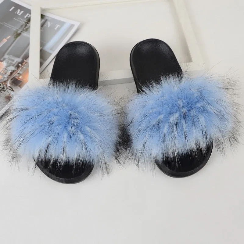 Women's Summer Sky Blue PatchWork Synthetic Fur Slides House Slippers