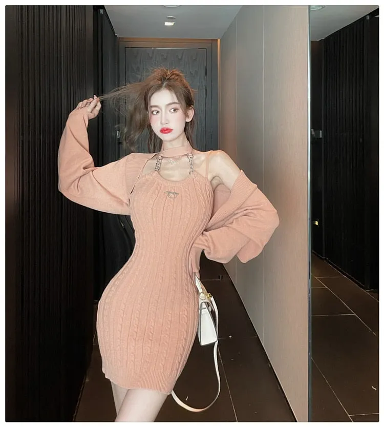 Women's Winter Casual Slim Fit Long Sleeves Elastic Knitted 2 Piece Set