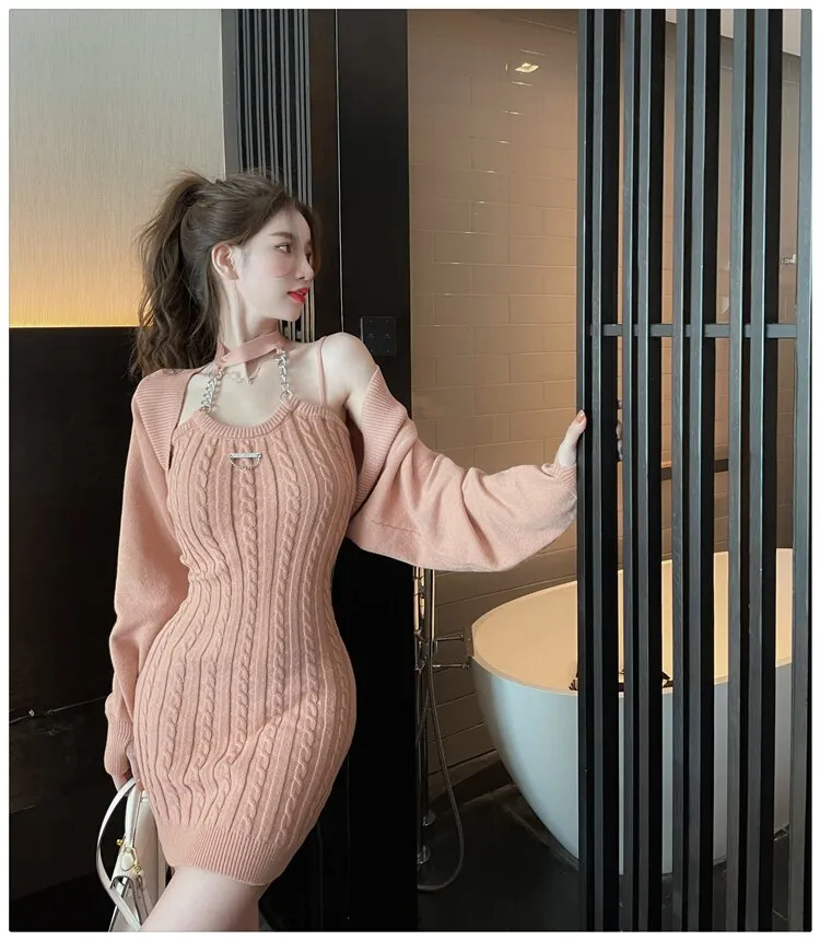 Women's Winter Casual Slim Fit Long Sleeves Elastic Knitted 2 Piece Set