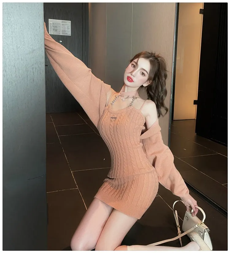 Women's Winter Casual Slim Fit Long Sleeves Elastic Knitted 2 Piece Set