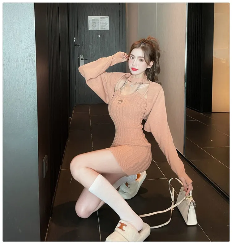 Women's Winter Casual Slim Fit Long Sleeves Elastic Knitted 2 Piece Set