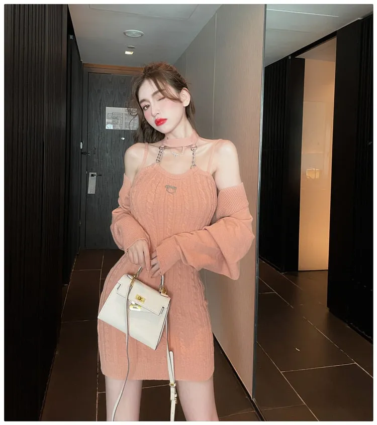 Women's Winter Casual Slim Fit Long Sleeves Elastic Knitted 2 Piece Set